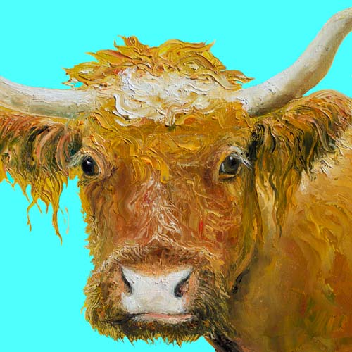 Horned Cow Painting on Blue Background by Jan Matson, crowd ink, crowdink, crowdink.com, crowdink.com.au