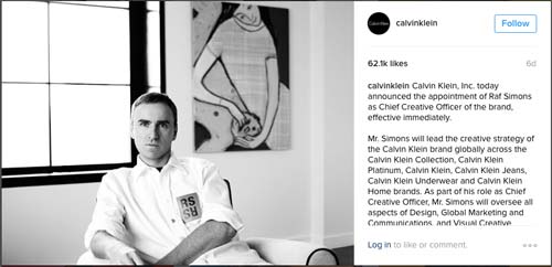 Raf Simons [image source: Calvin Klein Instagram], crowd ink, crowdink, crowdink.com, crowdink.com.au