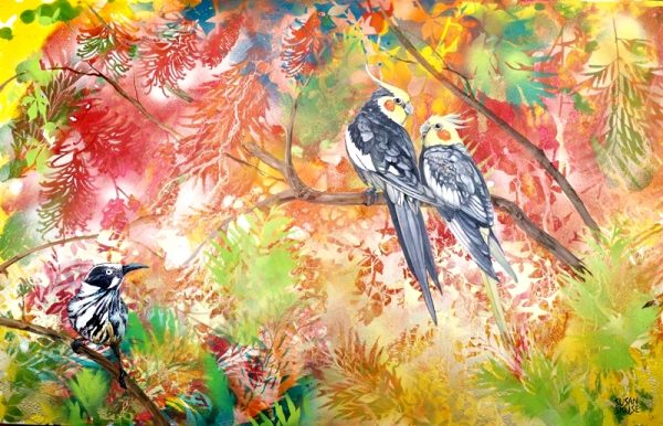 Garden Party No 3 – Cockatiel and New Holland Honeyeaters by Susan Skuse