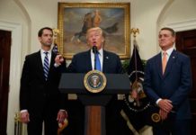 President Donald Trump- RAISE Act (Image Source: The Atlantic) President Donald Trump, flanked by Senators Tom Cotton, left, and David Perdue, speaks in the Roosevelt Room of the White House on August 2, 2017, during the unveiling of the RAISE Act. crowdink.com, crowdink.com.au, crowdink, crowd ink